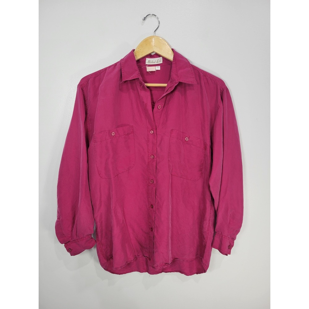 Naked Silk Womens Fuchsia Pink Long Sleeve Button Down Shirt Size M Pocket Front
